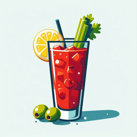 Cocktail with olives, lemon and celery. Vector illustration.のイラスト素材