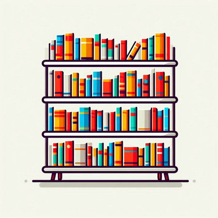 Vector illustration of bookshelves with colorful books on white background.のイラスト素材