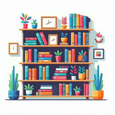 Bookshelf with books and plants. Vector illustration in flat styleのイラスト素材