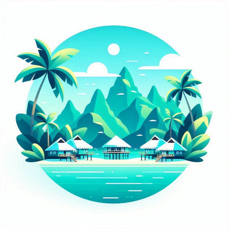Beautiful tropical island with palm trees and bungalows. Vector illustration.のイラスト素材