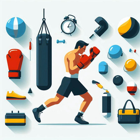 Flat design vector illustration concept of sport and healthy lifestyle. Boxer training with punching bag.のイラスト素材