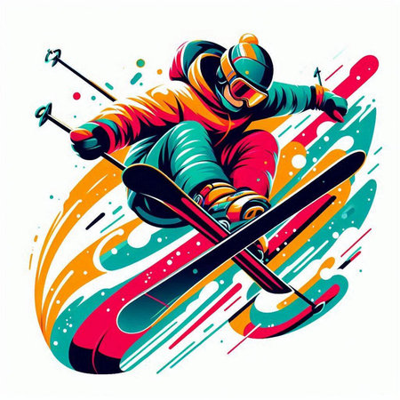 Vector illustration of skier in helmet and goggles skiing on colorful backgroundのイラスト素材
