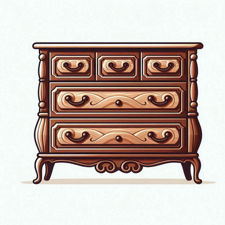 Wooden chest of drawers with carved patterns. Vector illustration.のイラスト素材