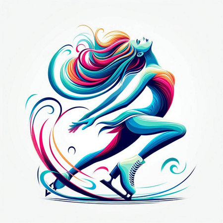 Vector illustration of ice skater with colorful hair in a jump.のイラスト素材