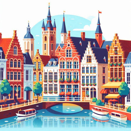 Amsterdam, Holland. Cityscape with canals and houses. Vector illustrationのイラスト素材