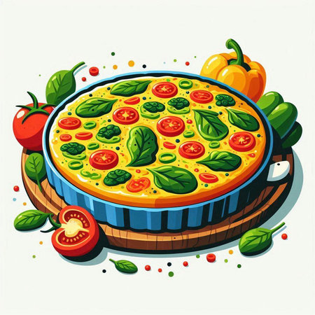 Illustration of a pie with tomatoes, spinach and cheese on a white backgroundのイラスト素材