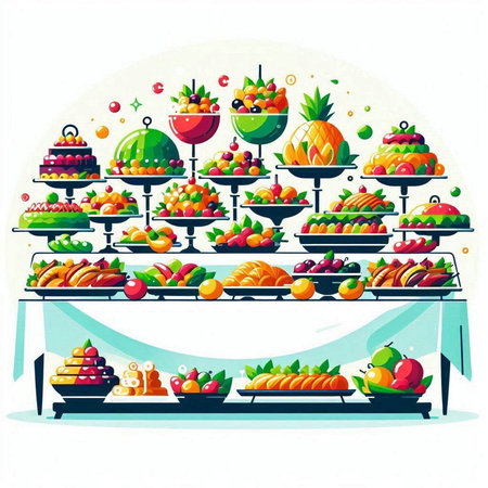 Vector illustration of fresh fruits and vegetables on the counter in the supermarketのイラスト素材
