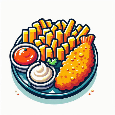 Fish and chips with sauce and mayonnaise. Vector illustration.のイラスト素材