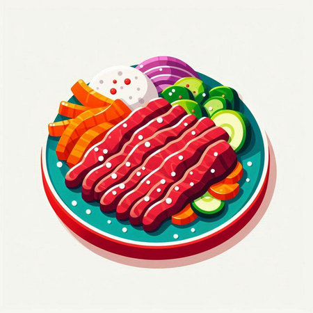 Sliced raw beef with vegetables on a plate. Vector illustration.のイラスト素材