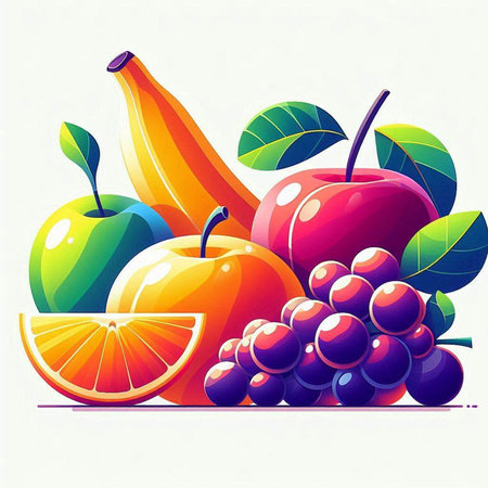 Fruits and berries. Vector illustration of apple, grape, orange, grape.のイラスト素材