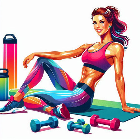 Fitness girl with dumbbells and yoga mat. Vector illustrationのイラスト素材