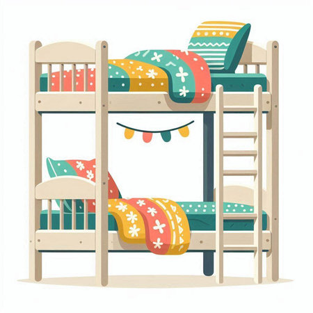 Bunk bed with pillows and cushions. Vector illustration.のイラスト素材