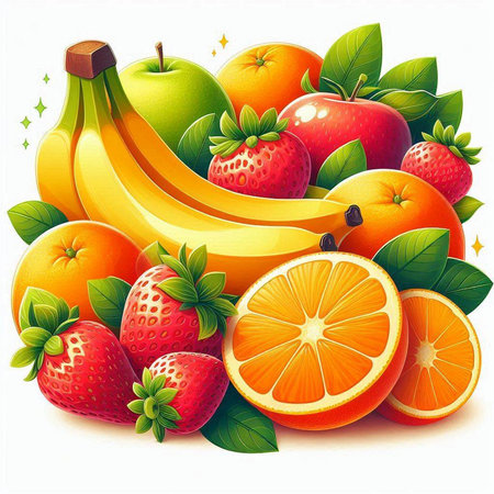 Fruit background with strawberries, oranges and bananas. Vector illustration.のイラスト素材