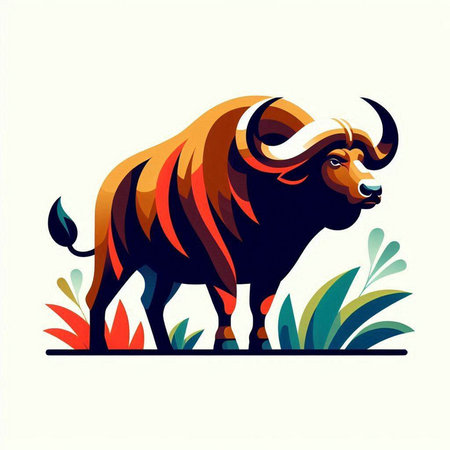 Vector illustration of a bison in a flat style on a white background.のイラスト素材