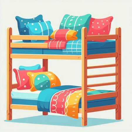 Bunk bed with colorful pillows. Vector illustration in cartoon style.のイラスト素材