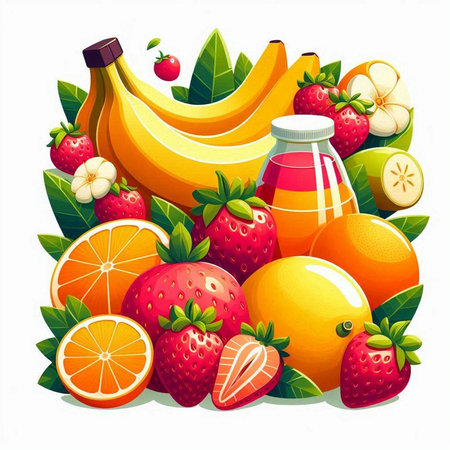 Fruit and berry set. Strawberry, orange, lemon, banana, strawberry, melon, lime, grapefruit, strawberry, orange. Vector illustrationのイラスト素材