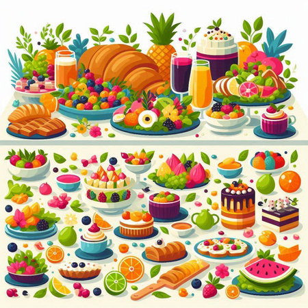 Fruit and berry dessert table top view. Vector illustration.のイラスト素材