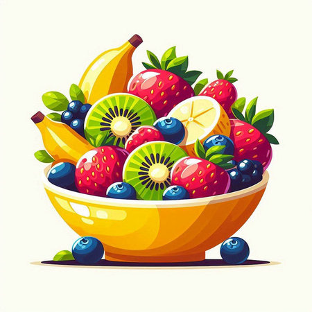 Bowl with fresh fruits and berries. Vector illustration in cartoon style.のイラスト素材
