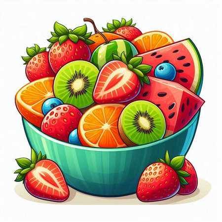 Fruit salad in a bowl with strawberries, kiwi, orange, lemon, watermelon. Vector illustration.のイラスト素材