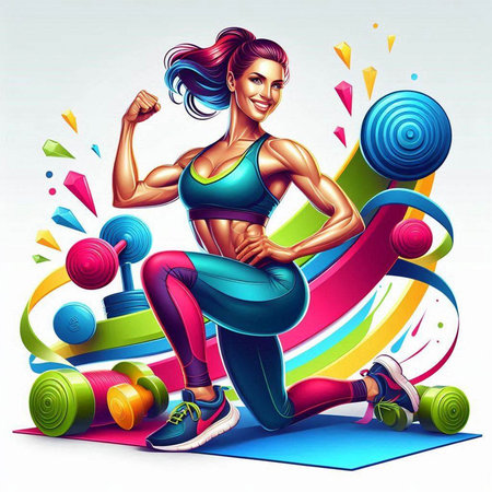 Fitness girl with dumbbells on colorful background. Vector illustration.のイラスト素材