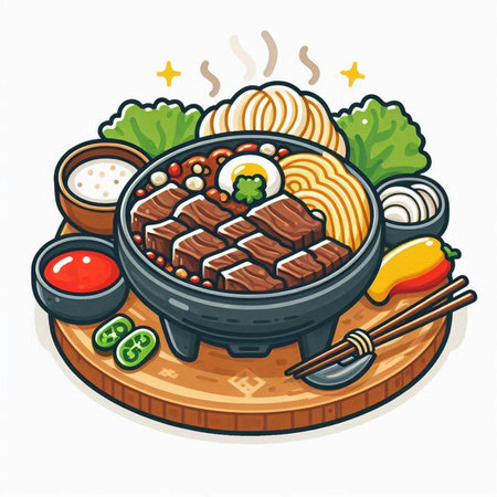 Illustration of a japanese hot pot with beef and vegetablesのイラスト素材