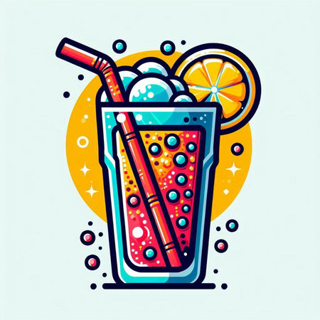 Cocktail with ice and straw. Vector illustration in doodle style.のイラスト素材