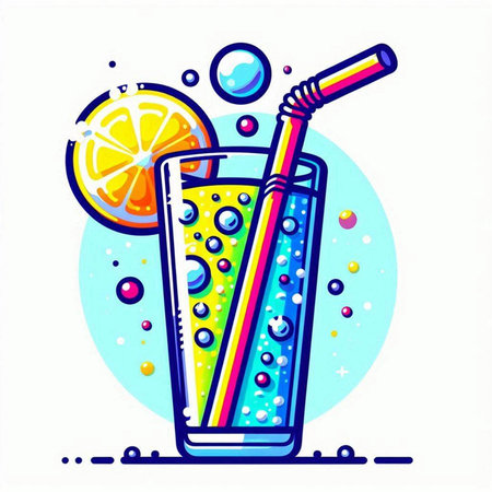 Vector illustration of a glass of lemonade with a straw and a slice of lemon.のイラスト素材
