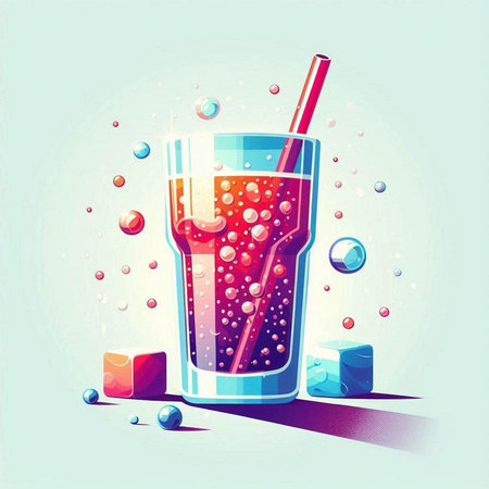 vector illustration of a glass of cola with ice cubes and strawのイラスト素材
