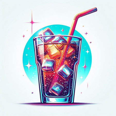Glass of cola with ice cubes and straw. Vector illustration.のイラスト素材