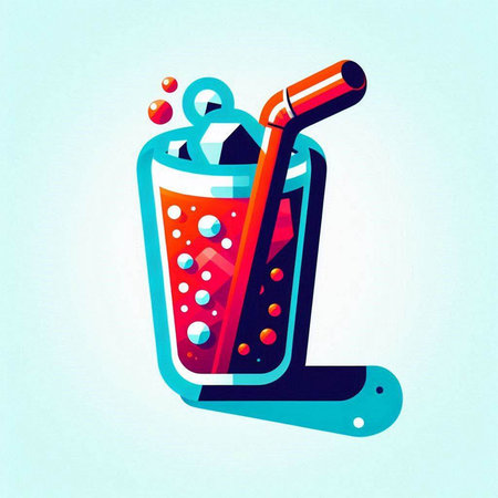 Vector illustration of a glass of cola with a straw and ice cubesのイラスト素材