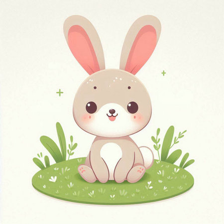 Cute cartoon bunny sitting on the grass. Vector illustration for your designのイラスト素材