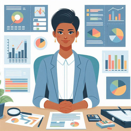 African american businesswoman sitting at her desk and analyzing financial data. Successful businesswoman. Vector illustrationのイラスト素材
