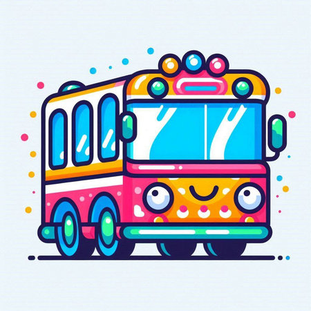 Cute cartoon school bus with eyes and mouth. Vector illustration.のイラスト素材