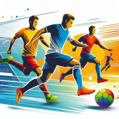Soccer players in action and motion. Colorful vector illustration.のイラスト素材