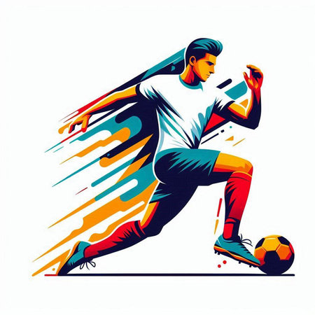 Soccer player kicking the ball, vector illustration on white background.のイラスト素材