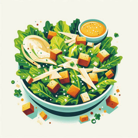 Healthy salad with tofu, cheese, herbs and sauce. Vector illustration.のイラスト素材