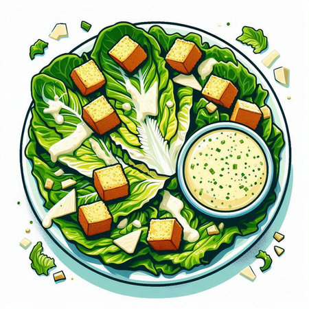 Illustration of a fresh salad with lettuce, cheese and croutonsのイラスト素材