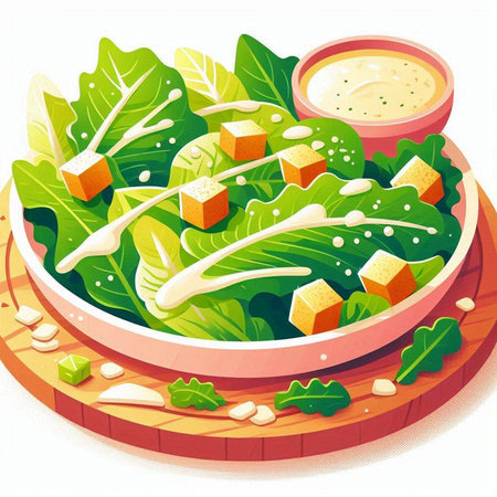 Vegetarian salad with croutons in a bowl. Vector illustration.のイラスト素材