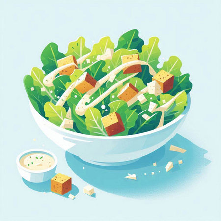 Illustration of a bowl of salad with croutons and mayonnaiseのイラスト素材