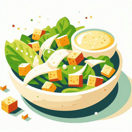 Vector illustration of a bowl of salad with crackers and hummusのイラスト素材