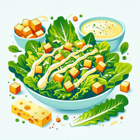 Illustration of healthy salad with croutons, cheese and lettuceのイラスト素材