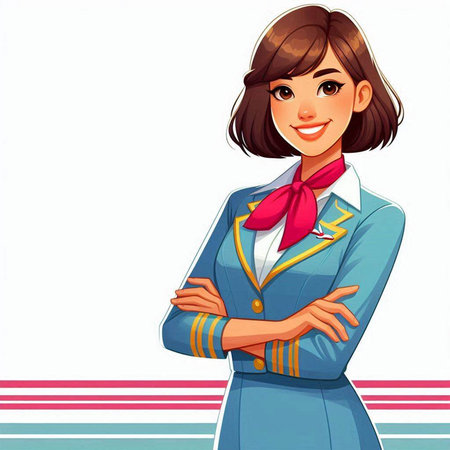 Illustration of a beautiful stewardess standing with her arms crossedのイラスト素材