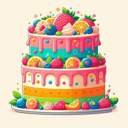 Birthday cake with fruit and berries. Vector illustration in retro style.のイラスト素材
