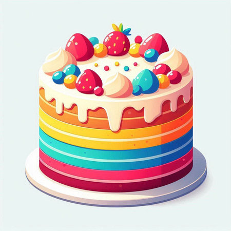 Rainbow cake with strawberry and blueberries. Vector illustration in cartoon style.のイラスト素材