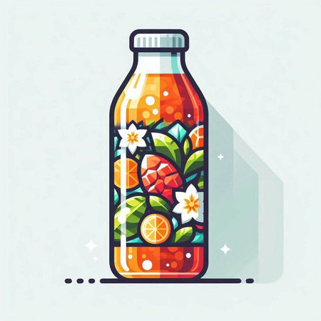 Vector illustration of a bottle of fruit juice with flowers and fruits.のイラスト素材