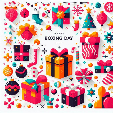 Vector illustration of Happy New Year and Merry Christmas greeting card with gift boxes, ribbons, bows and snowflakes.のイラスト素材