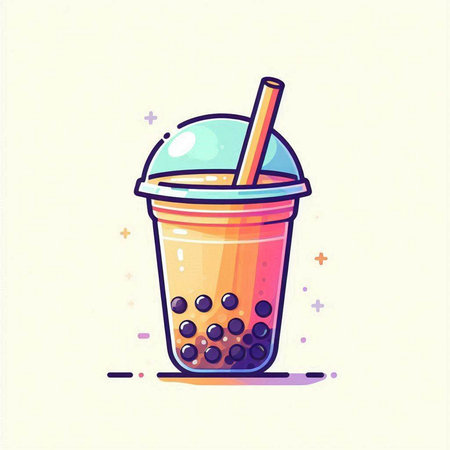 Plastic cup of bubble tea with straw. Vector illustration in flat style.のイラスト素材