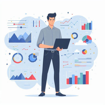 Vector illustration of a businessman with a laptop in his hands. Flat style.のイラスト素材