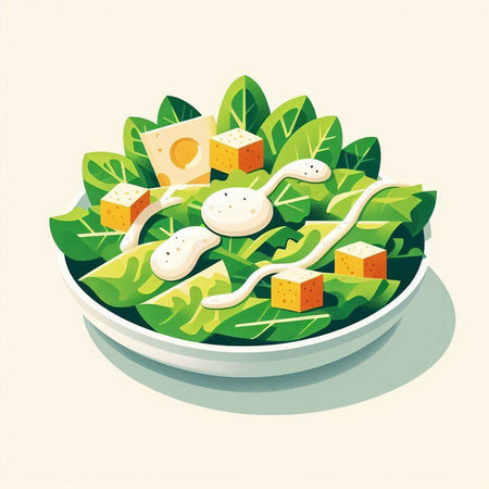 Salad with cheese and greens in a plate. Vector illustration.のイラスト素材