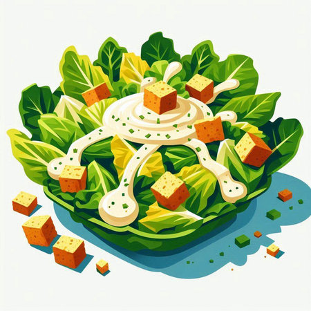 Illustration of a salad with cheese, lettuce and croutonsのイラスト素材
